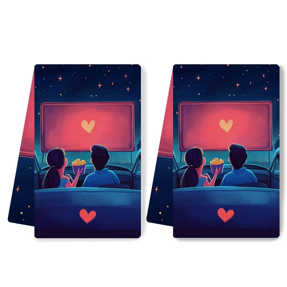 2 pieces of ultra soft kitchen towels featuring a hand drawn illustration of a couple sitting in their car at a drive-in movie theater. They are watching a romantic film on the big screen while sharing a bucket of popcorn. The car's hood is decorated