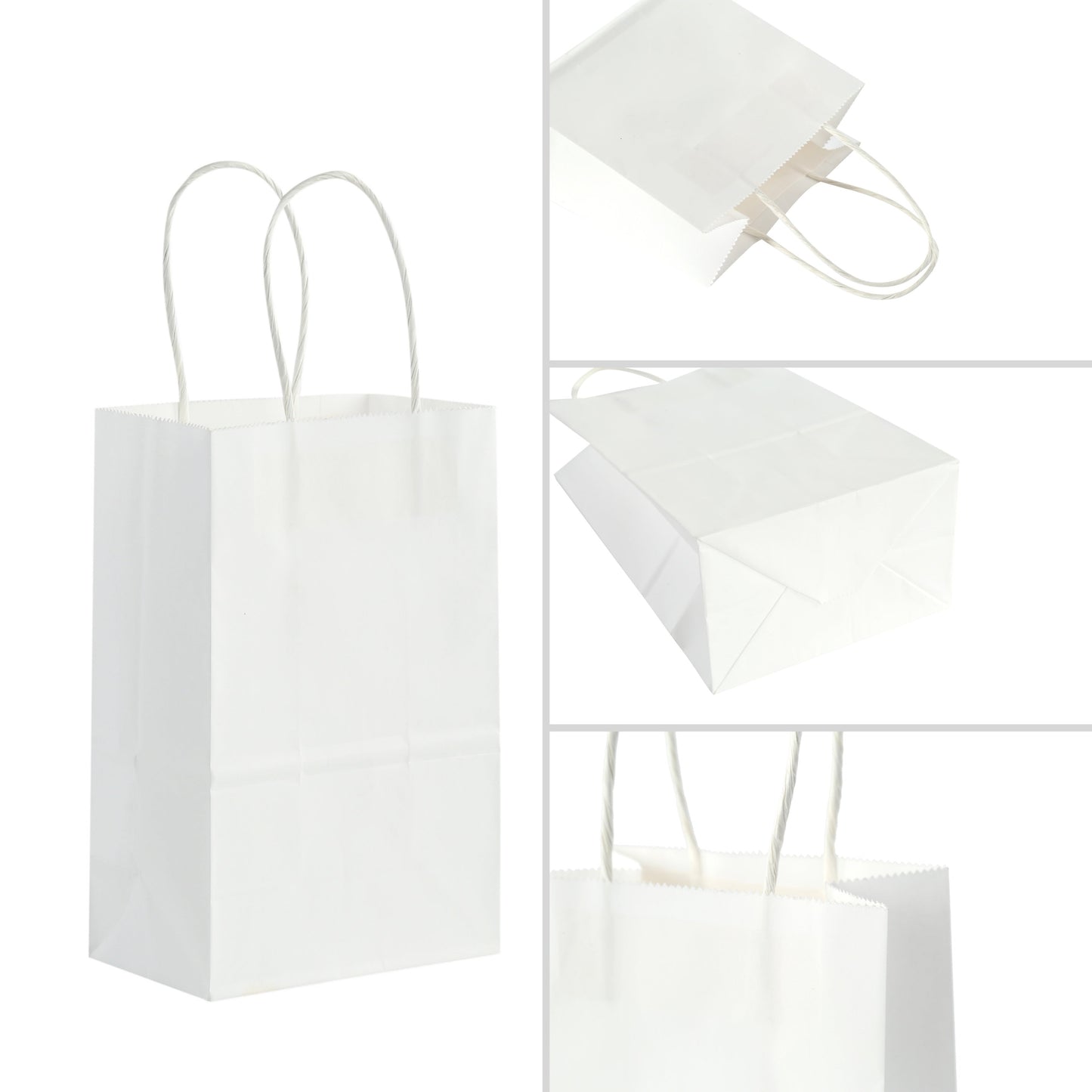 White Kraft Paper Tote Bags with Handles - Set of 100, Ideal for Food Take Out, Gift Wrapping, Kitchen Essentials, and Home Organization