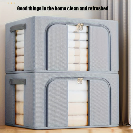 A storage box made of Oxford cloth with a steel frame, designed for easy folding and organizing. Features a PVC window for easy viewing and moving, perfect for storing clothes in a wardrobe. Can be stacked for efficient storage.