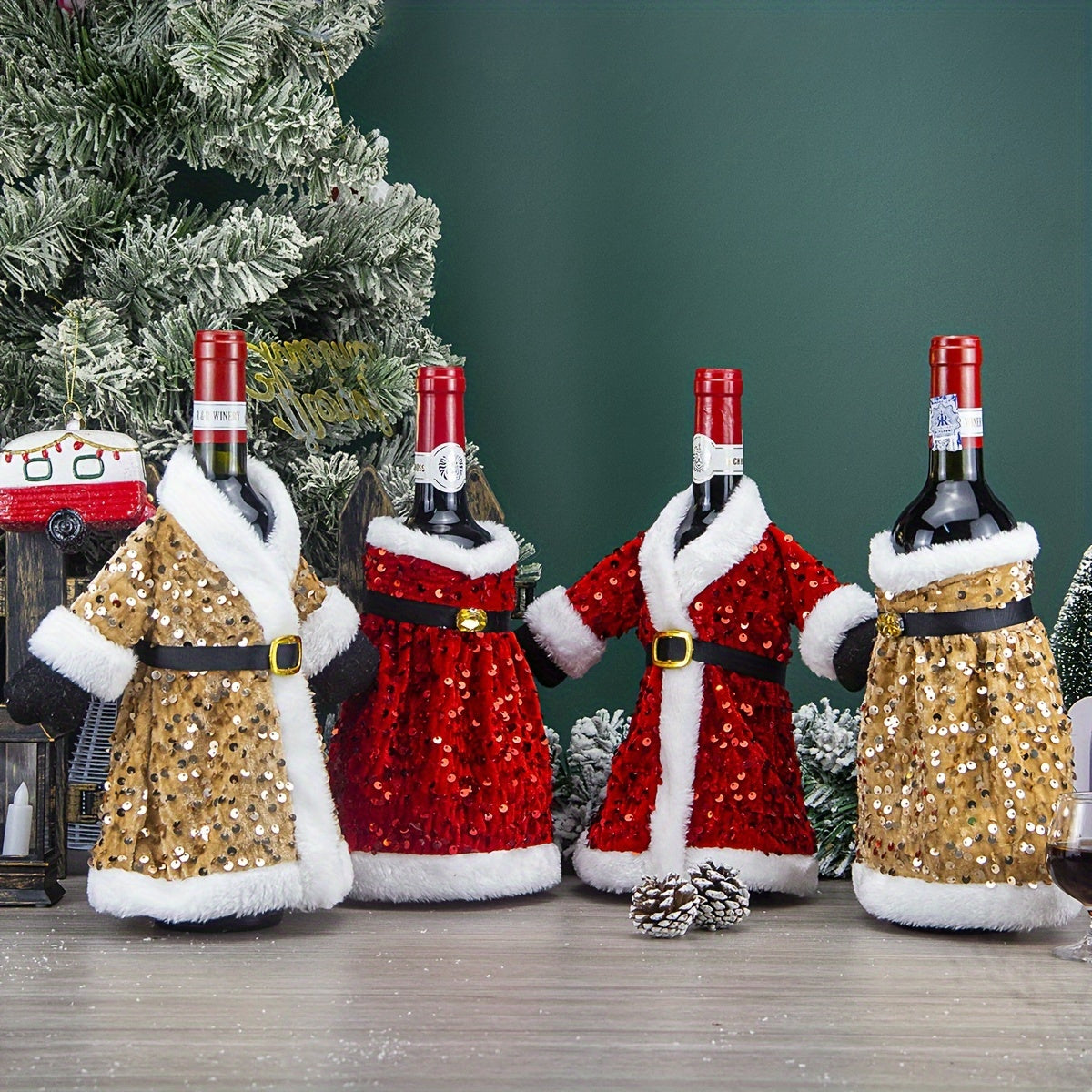 Set of 2 Festive Christmas wine bottle covers with sequined attire, plush hats, and leak-proof sweater. Perfect for wine lovers, home decor, and family gatherings.