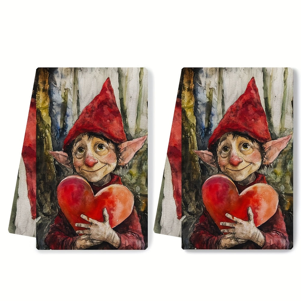 Get a pair of ultra-soft kitchen towels with a Valentine's Day elf design, perfect for holiday decoration. These towels are highly absorbent, machine washable, and measure 40.64X60.96 cm.