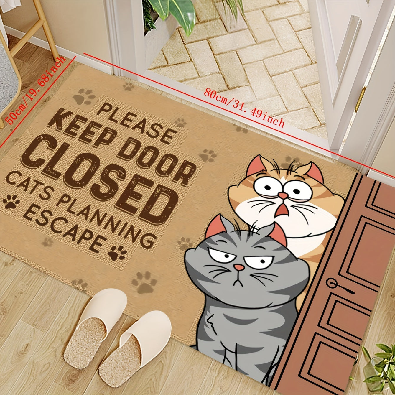 Whimsical Cat Welcome Indoor Doormat - Anti-Slip, Stain-Resistant Polyester Mat featuring "Please Keep Door Closed" Humor. Low Pile, Easy to Clean with Machine Washable for Home Decor