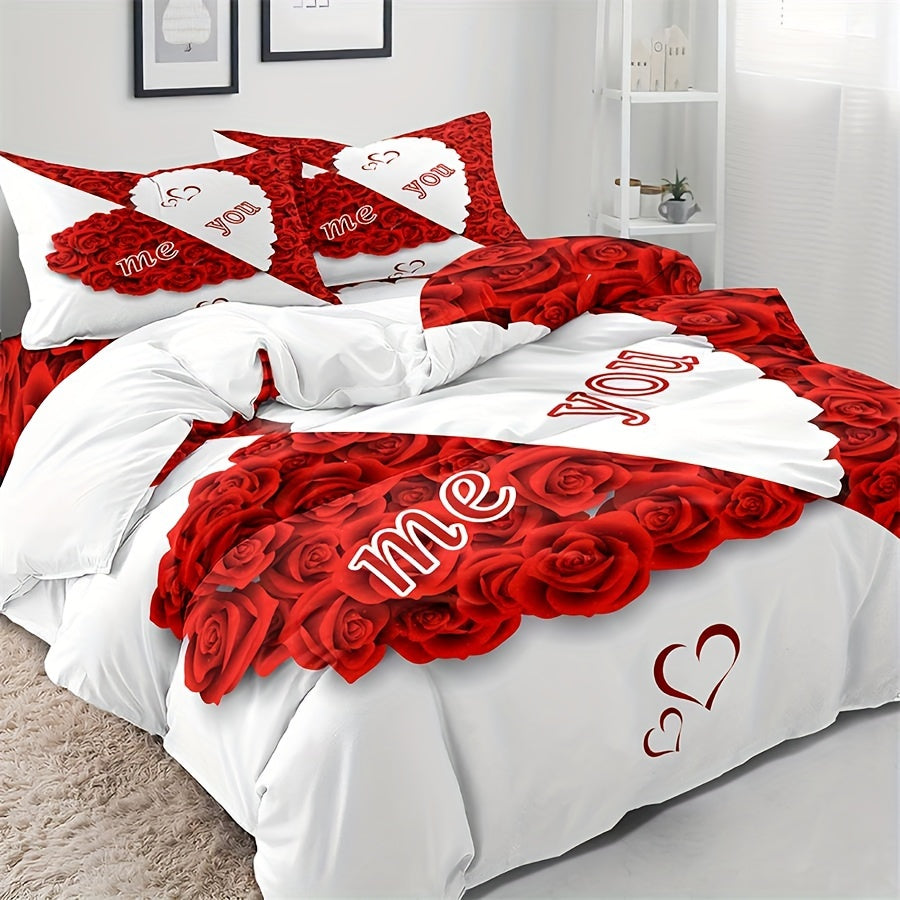 Red Rose Duvet Cover Set with 2 Pillowcases - Soft and Suitable for All Seasons