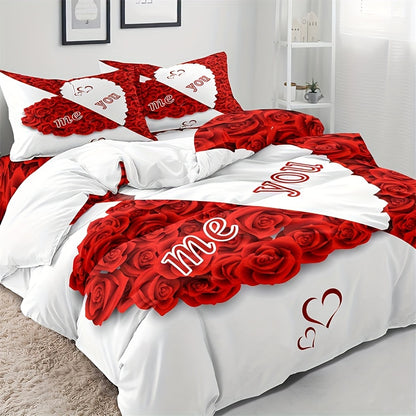 Red Rose Duvet Cover Set with 2 Pillowcases - Soft and Suitable for All Seasons