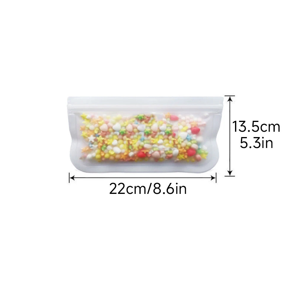 Food safe reusable stand up zip bags made from polyethylene silicone, designed with leak-proof technology for fresh food preservation. The bags feature a rectangular shape and an in-line skate design for easy storage and transportation.