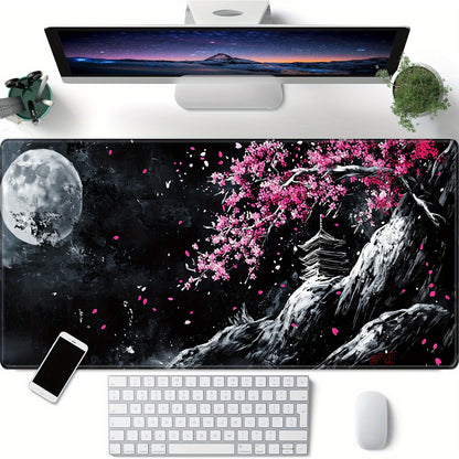 Cherry Blossom & Moon Artistic Mouse Pad - Non-Slip Rubber Base, Precision Stitching, Extended Large Mat for Gaming, Office, Study, Natural Rubber Material, Vibrant Colors, Durable Design