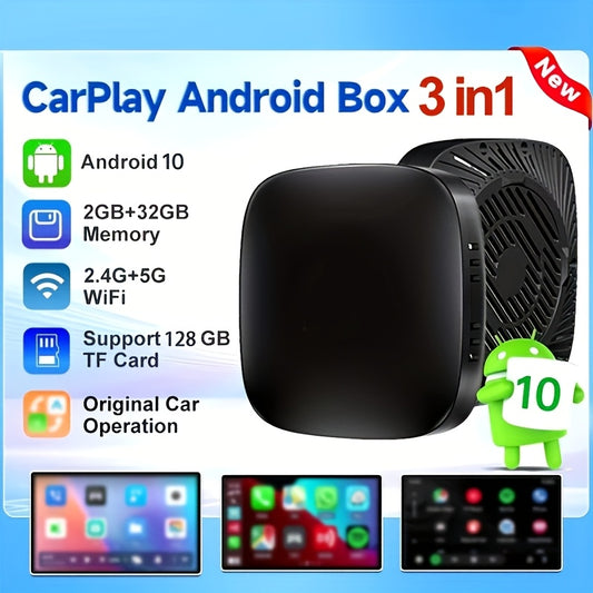 3in 1 CarPlay AI BOX with Wireless Adapter for Zero Latency, One-click Connection, TF Card Slot, Smart Vehicle System Compatible, 2+32GB.