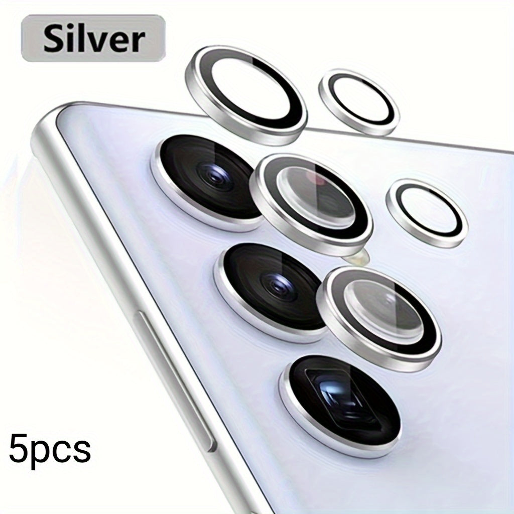 Set of 3 camera metal rings and tempered glass lens protectors for various Samsung Galaxy models.